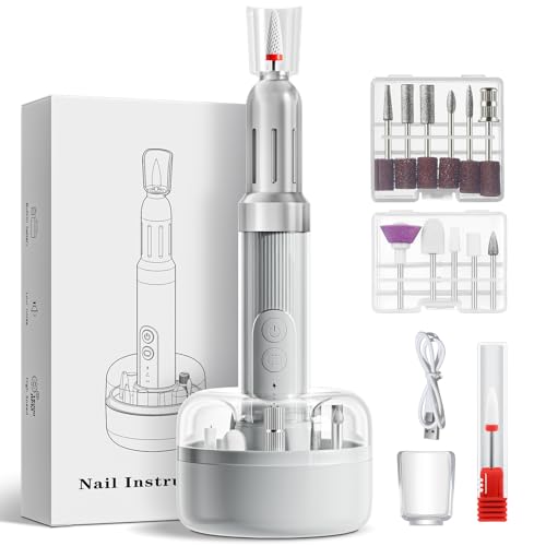 Electric Nail File, Cordless Nail Drill with 12pcs Bits, Professional 6 Speeds Manicure Kit for Women for Acrylic Gel Nails, Portable E-File with Rechargeable Base, Polishing Grinder for Salon Home