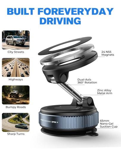 Image of Jononser Magnetic Car Phone Holder for MagSafe, Nano-Gel Suction Cup Car Phone Mount for Car Dashboard & Windshield, Pocket-Size Foldable 360 Adjustable Car Mount for iPhone 17 16 15 14 13 12 Series