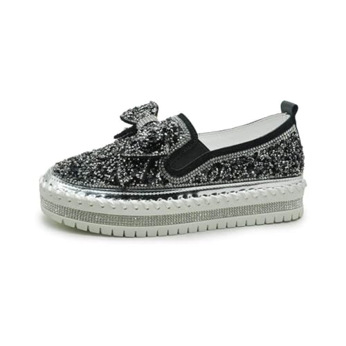Women's Platform Glitter Sneaker Rhinestone Bling Platform Walking Shoes Cute Bowknot Sequin Shiny Loafers