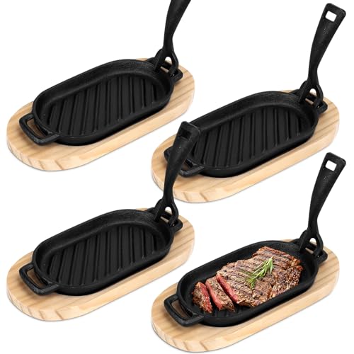 4 Pcs Cast Iron Skillet Set, Cast Iron Fajita Grill Pan, Sizzling Steak Frying Pan with Wooden Base and Removable Handle for Home Restaurant Kitchen Cooking (9 x 4.2 Inch) by Mckfors - Used condition - CA$53.09
