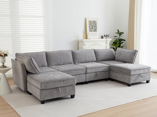 Image of ORRD Oversize Modular Sectional Sofa Set, Convertible U Shaped Couch with Storage, 6 Seater Sofa Modular with Ottomans and Reversible Chaise for Living Room, Office (Grey)