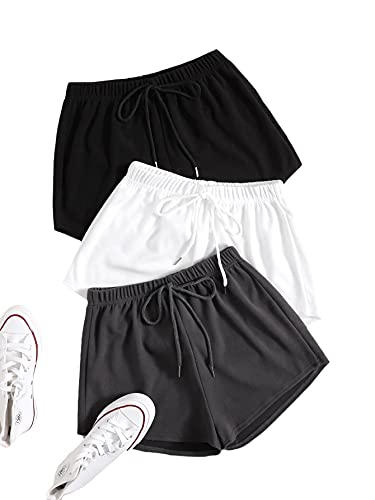 Makemechic Women's 3Pack Elastic Waist Knot Front Lounge Track Shorts Black White Dark Grey L #TOP17