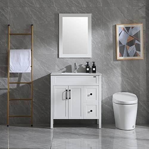 Walsport Bathroom Vanity With Sink 32 Inch White Undermount Ceramic Vessel Chrome Faucet Drain With Mirror Vanities One Sink Set #TOP5