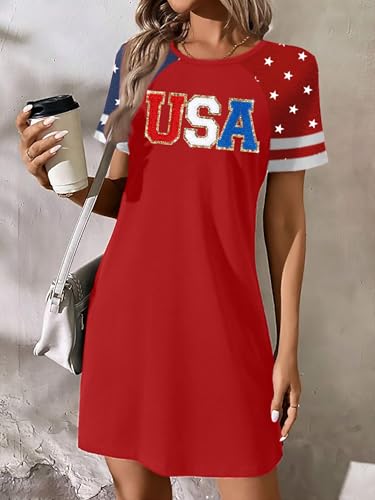 Image of YI XIANG RAN 4th of July Dress Women: American Flag Dresses USA Stars Stripes Shirt Patriotic Tshirt Summer Sundress
