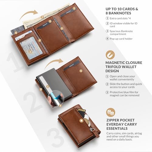 Image of VULKIT Men's Leather Magnetic Closure Pop Up Contemporary Card Holder Wallet with Coin Pocket With ID Window (Brown, One Size)