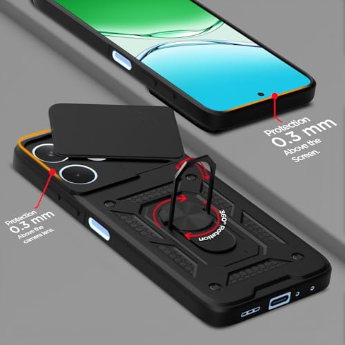 Image of Pikkme Back Cover for Oppo A5 Pro 5G | 360 Protection Case | Sliding Camera Shield Cover & Ring Holder Stand D10 Tough Armor Bumper Case (Black)
