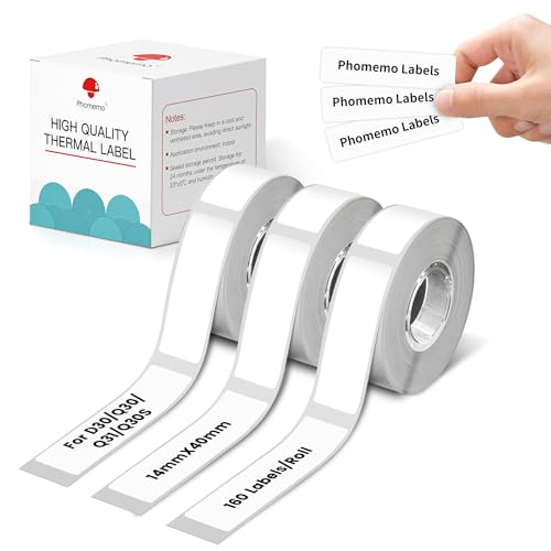 Étiquettes Phomemo D30 blanches de 14x40 mm en lot de 3 rouleaux pour l'organisation de documents