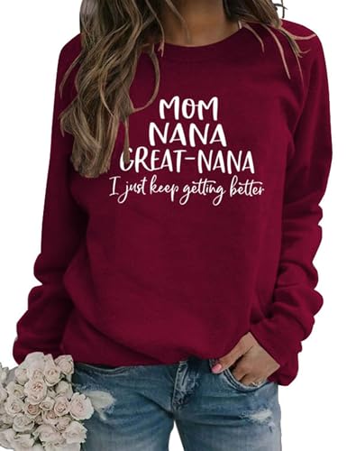 Sunidol Womens Nana Sweatshirt Pullover Long Sleeve Crewneck Casual Lightweight Mothers Day Sweatshirt Red XXL