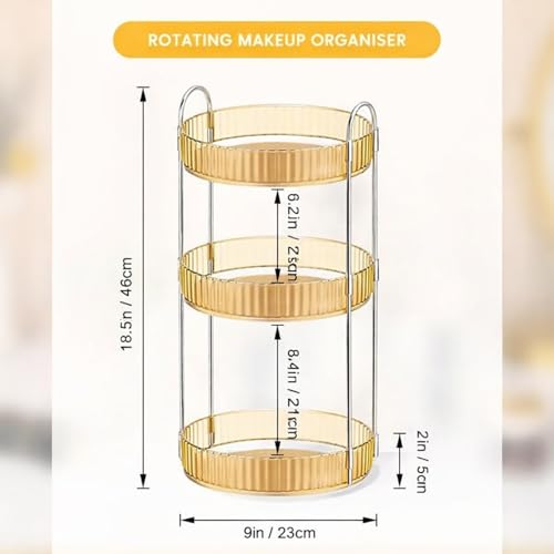 Image of JD FRESH 360 Degree Rotating Makeup Organizer 3 Layer Cosmetic Storage Box Vanity Stand with Drawers for Lipsticks Skincare Perfume Bathroom Countertop Dressing Table Organizer (Light Gold)