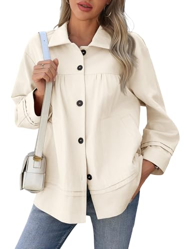 Cicy Bell Womens Oversized Casual Jackets Lightweight Pleated Babydoll Shackets Cotton Button Down Coats