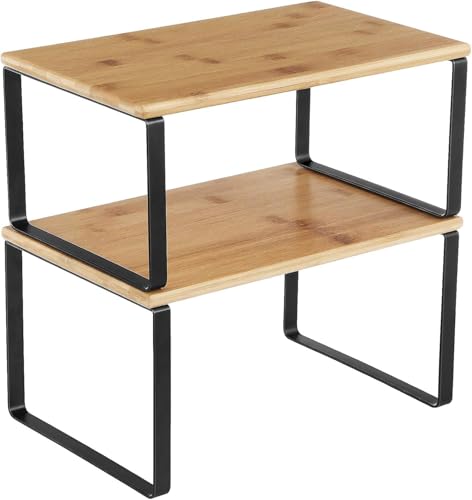 Image of TEKCOOL Cabinet Organizer Shelf, Set of 2 Kitchen Counter Shelves, Kitchen Storage, Spice Rack, Stackable, Expandable, Metal and Engineered Wood, Black and Natural (Wooden)