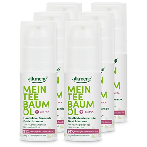 alkmene 6x Mi crema facial de aceite de árbol de té de 50 ml, reducción de granos del 91% confirmada, aceite de árbol de té puro natural, vegano