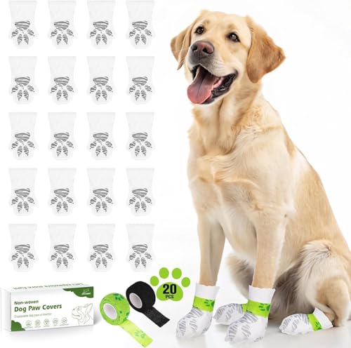 EXPAWLORER Disposable Dog Socks 20 PCS Waterproof Boots Shoes Paw Protectors with Self-Adhesive Bandage Double Sided Anti Slip Doggie Feet Covers for Medium Large Dogs Cats Outdoor Indoor Walking M