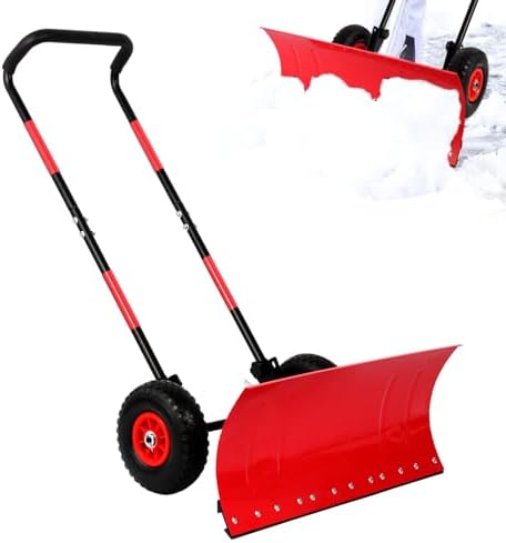 29" snow shovel with wider wheels,efficient snow removal tool,snow plow with adjustable handle and angled blade,snow pusher for doorway sidewalk,ergonomic double rod handle design with reflective tape