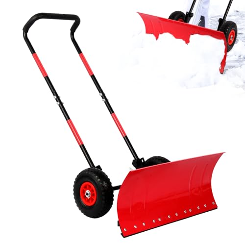 sancat - 29" snow shovel with wider wheels,efficient snow removal tool,snow plow with adjustable handle and angled blade,snow pusher for doorway sidewalk,ergonomic double rod handle design with reflective tape