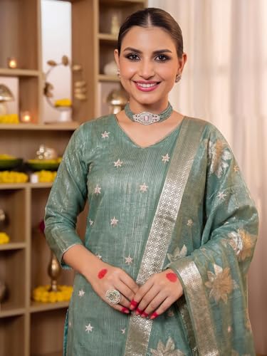 Image of Pinkmint Women Jacquard Silk Ethnic Kurta with Dupatta Suit for Women | Straight Fit Designer Wear with Woven Pattern & Tassel Dupatta | Availble in Plus Size