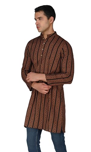 Image of Vastraa Fusion Men's Printed Kurta Pure Cotton Long Kurta, Round Collar, Full Sleeves, Button Kurta, Ethnic Wear