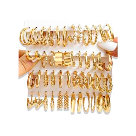 17IF 24 Pairs Gold Earring Set for Women, Chunky Earring Multipack Punk Trendy Big Small Stud Hoop Earring Lightweight Twisted Pearl Ear Pack For Daily Birthday Party Cover