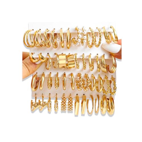 16-24 Pairs Gold Silver Black Earring Set for Women, Chunky Earring Multipack Punk Trendy Big Small Stud Hoop Earring Lightweight Twisted Pearl Ear Pack For Daily Birthday Party Gift - Main Image