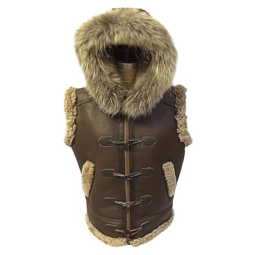 Mens Aviator RAF B3 Shearling Sheepskin Leather Bomber Jacket Hooded Fur Vest (XL)
