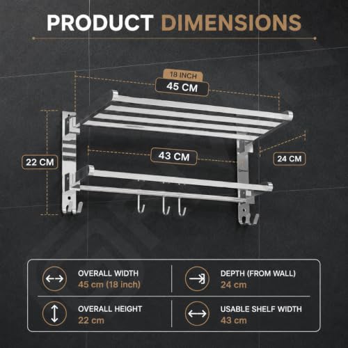 Image of GRIVAN 18-Inch Stainless Steel Towel Rack in Bathroom | Wall-Mounted Towel Stand with Hooks | Foldable Towel Holder & Cloth Hanger for Bathroom (Silver Chrome, 18 INCH)