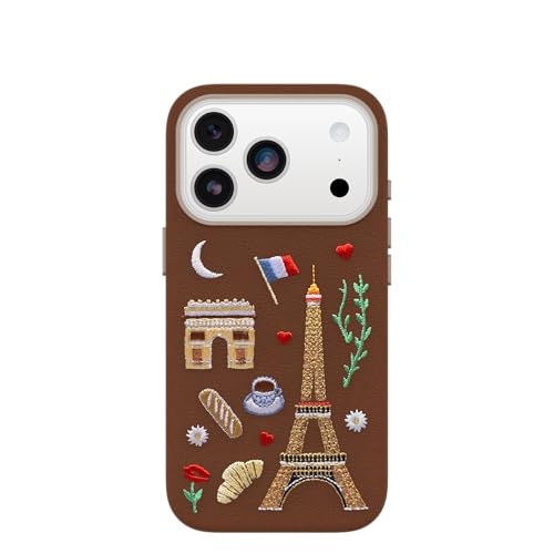 Image of OtterBox iPhone 17 Pro Symmetry Series Cactus Leather Embroidery Case - City of Love - Brown - Textured, Embroidered Paris Artistic iPhone Case