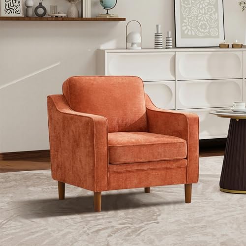 Image of Kingfun Accent Chair, Living Room Chairs, Mid Century Reading Armchair, Chenille with Solid Wood Foot, Upholstered Modern Decor for Bedroom, Apartment