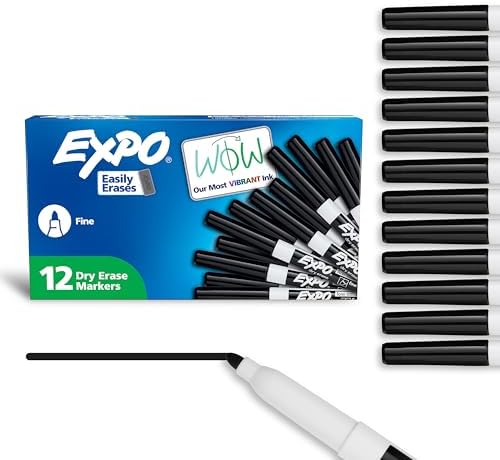 EXPO Dry Erase Markers, Low Odor Ink, Black, Fine Tip, 12 Count - Whiteboard, Calendar, Organization