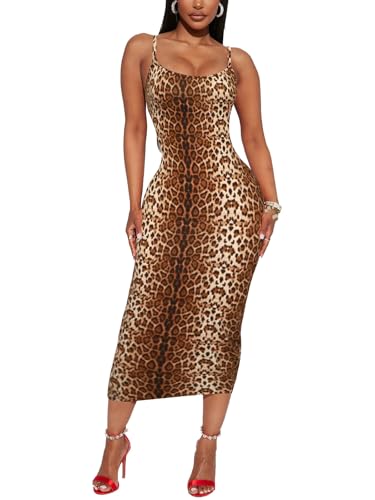 Image of Women's Midi Bodycon Tight Dress - Spaghetti Strap Summer Casual Leopard Cheeath Print Club Party Long Fitted Slip Dresses
