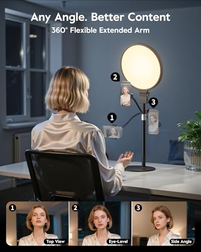 Image of 1300 Lumens Ring Light with Stand for Desk, Computer & Laptop - Podcast & Streaming Light with Flexible Phone Holder, CRI 98+ Bright Yet Soft Influencer Light for Video Recording, Conference & Calls