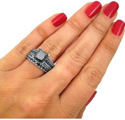 Jewels by Parijaat 2 Cttw Princess Cut Created Black Diamond Prong Set Wedding Bridal Ring with Band Set In 14K White Gold Over 925 Sterling Silver