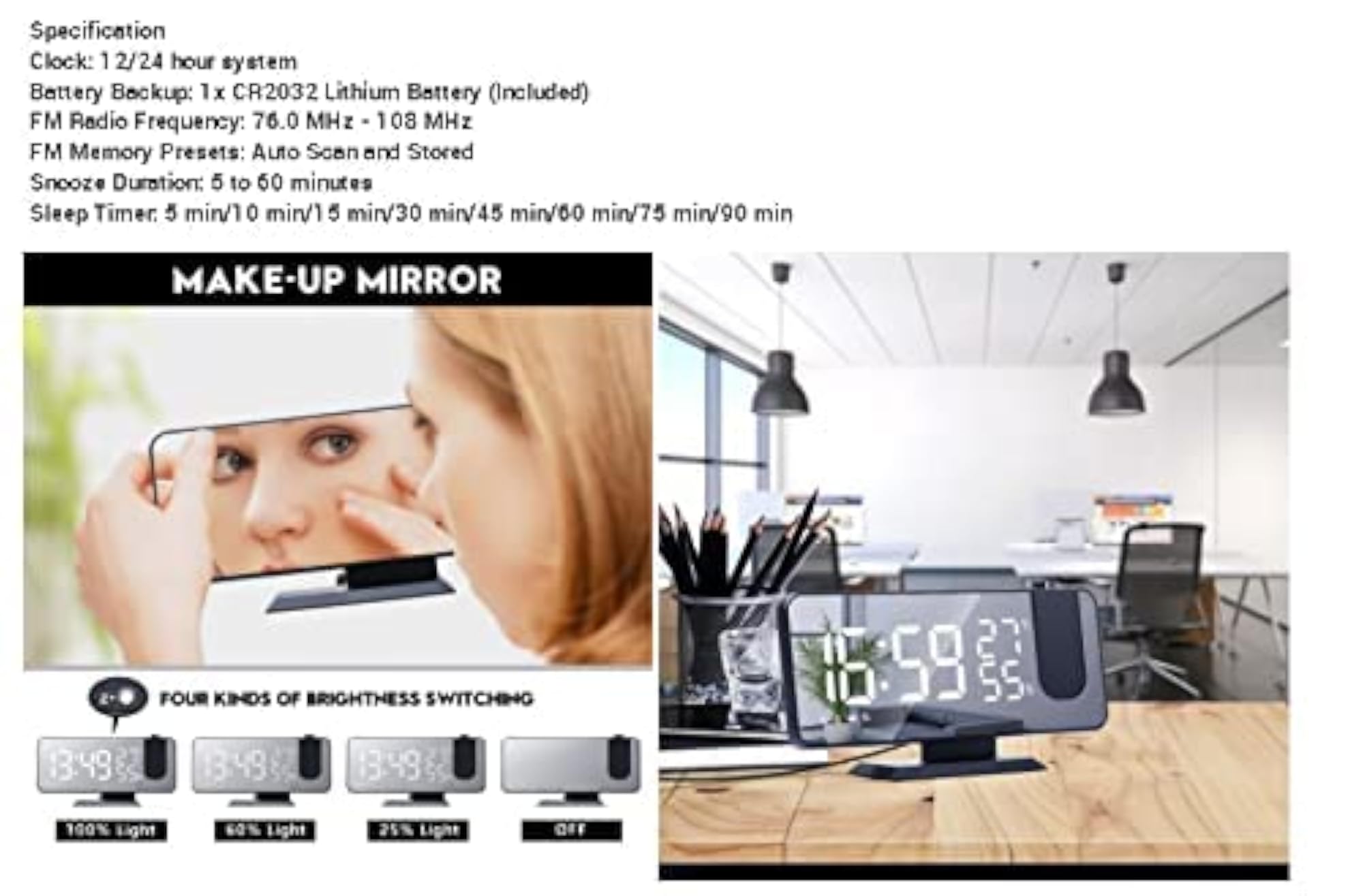 7.4" Digital Dimmable Projection Alarm Clock with FM Radio