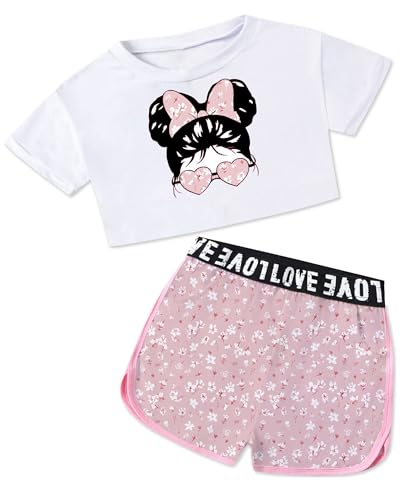 Image of Betusline Girls Summer 2 Piece Outfits,Kids Short Sleeve Crop Top & Shorts Set with Side Pockets