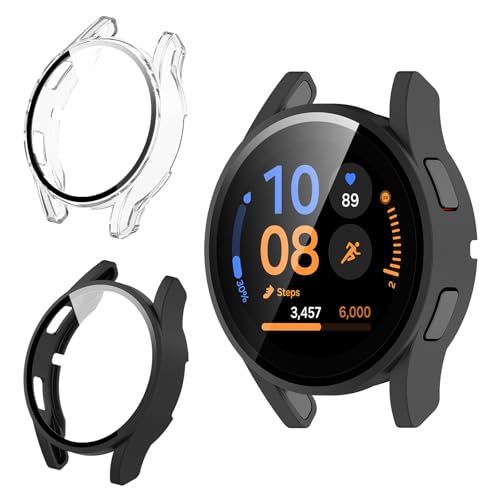 Haofun 2 Pezzi Cover per Samsung Galaxy Watch FE/5/4 40mm, con 9H HD Ultra Vetro Temperato Pellicola Protettiva, PC Protettiva Custodia, Protezione Completa - Trasparente + Nero