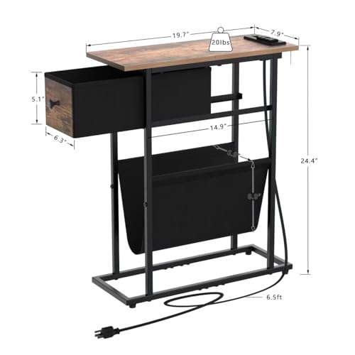 Image of EXOTICA Small Narrow End Table with Charging Station and USB Ports Slim Sofa Side Table with Fabric Drawer Record Stand Vinyl Regal Storage for Small Space in Living Room Bedroom Rustic Brown