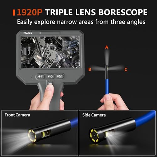 Image of Triple Lens Borescope 1920P HD Endoscope Camera with Light, 4.3 inch IPS Screen IP67 Waterproof Snake Inspection Camera Industrial Bore Scope Cam for Auto Mechanic Plumbing Tools Gift for Man