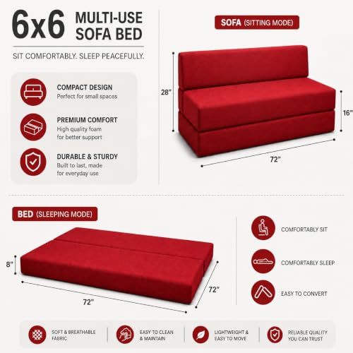Image of Four Seater Sofa Cum Bed 6x6 Ft with Soft Foam Cushioning, Comfortable Foldable Sofa Bed for Living Room, Bedroom, Guest Room & Office(Red)