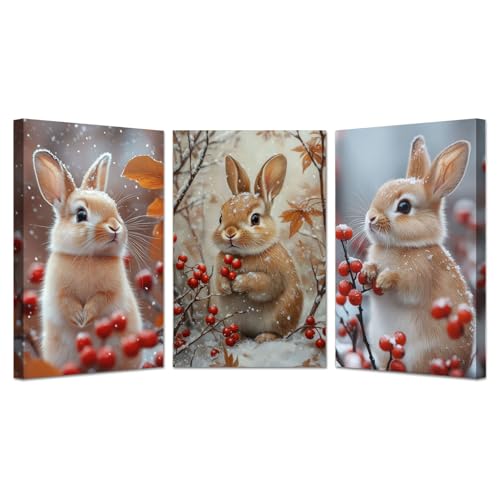 NEKAOEU(ネカオウ) 3枚セット クリスマス 絵画 かわいい冬のうさぎ キャンバスウォールアート プリント 冬の森の版画ワーク,ポスター キャンバス 装飾画 パネル, モダン リビング ベッドルーム 部屋飾り(ブルー2)-50x70cmx3 額入り