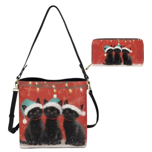 Image of HUGS IDEA Leather Purses and Handbag for Women Bucket Bag with Wrist Wallet 2 Packs
