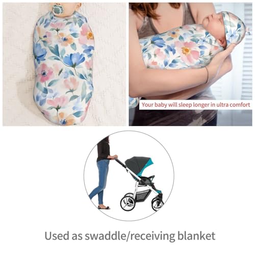 Image of Spring Watercolor Floral Swaddle Blanket with Beanie Hat Set Newborn Swaddle Wrap Soft Baby Receiving Blankets Baby Swaddle Blanket for Baby Boys and Girls