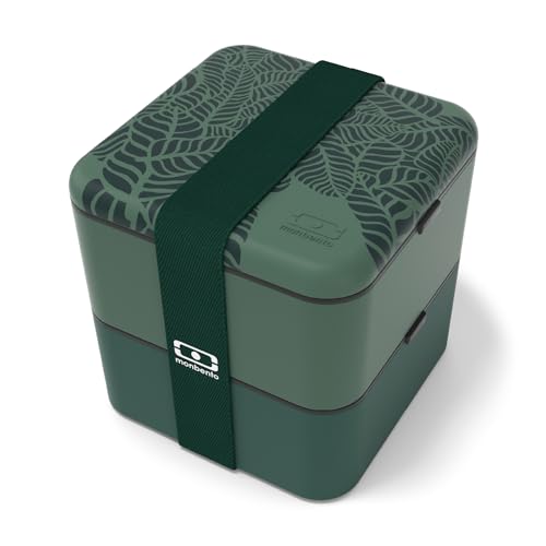 monbento - Lunch box MB Square graphic Jungle - Grande Bento Box Hermétique 2 Compartiments - Idéal pour Travail/Pique-nique – Sans BPA et Durable - Made in France - Motif Feuilles, Vert