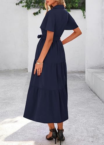 Image of KIRUNDO Summer Button Down Wedding Guest Shirt Dresses for Women Maxi Flutter Short Sleeve Flowy Tiered Beach Sun Dress