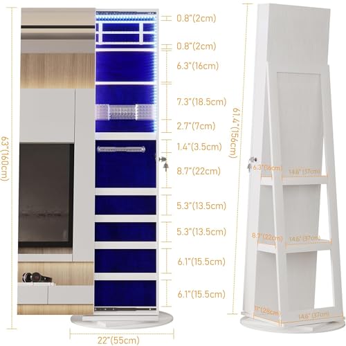 Image of LVSOMT 360 Swivel Jewelry Mirror Cabinet with Lights, Standing Jewelry Armoire Organizer, 63 inch Rotatable Full-Length Mirror with Jewelry Storage, Lockable with Back Storage Shelve, White