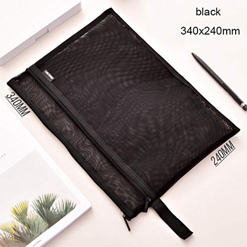 Preisvergleich Produktbild Heng Double Pocket Pencil Case Nylon Mesh Dokumentdatei Reißverschlusstasche Großraum Aufbewahrungstasche Schulbürobedarf, groß schwarz