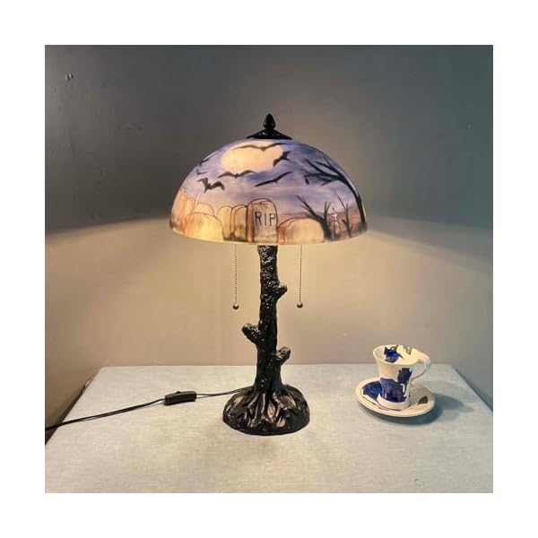 Bieye l10973 bats flying over garveyard at full moon night hand painted glass table lamp for helloween decor blue 14×22 inch  urban country home decor