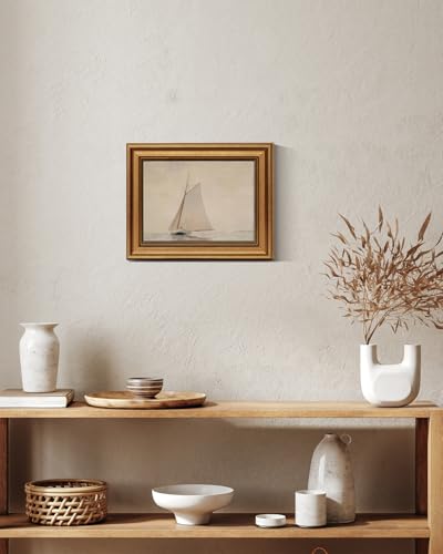 Image of Gold Framed Vintage Wall Art for Living Room, Seaview Painting Prints Shelf Decor for Kitchen, Aesthetic Bedroom Wall Art, Christmas Gifts for Friends or Family (White Sailboat - 8 inchx10 inch)