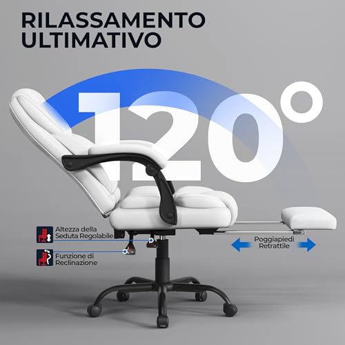 Poltrona Ufficio Ergonomica con Poggiapiedi Sedia da Ufficio in Finta Pelle con Schienale Reclinabile Bloccabile e Braccioli Imbottiti Rotelle Girevole Altezza Regolabile Bianco - Sedia gaming - Immagine 5