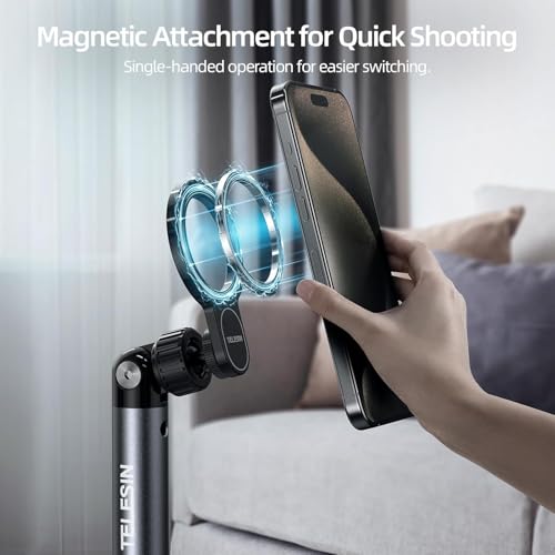 Image of TELESIN Magnetic Mobile Stand, Aluminum Alloy Phone Holder Stand for Video Recording, Overhead Bed /Sofa Phone Mount Height Adjustable Ultra Stable Base for Magsafe /iPhone /Android /iPad