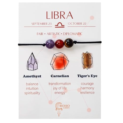 BOHO GARDEN Zodiac Bead Bracelets(Libra) - 3 Polished Birthstone Crystal Beaded Bracelets - Made of Real & Natural Gemstones, Adjustable 3-9.7” Black Rope - Jewelry for Men, Women, Teens (13+) - 8mm Beads