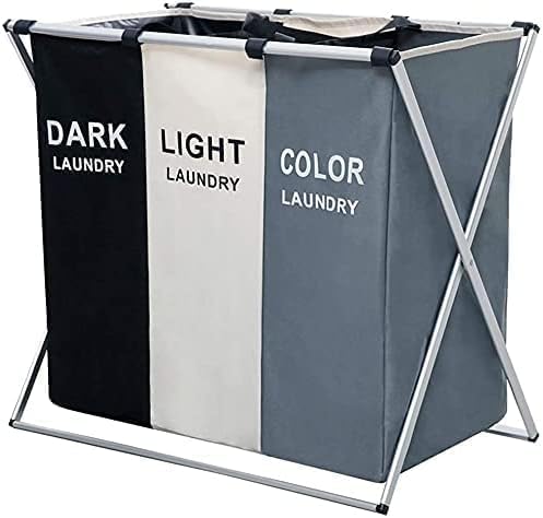FEELING MALL 3 Section Laundry Basket for Dark, Light, and Color Clothes Hamper, Collapsible Design with Carry Handle | Foldable 3 Sections with Aluminum Frame Washing Storage Dirty Clothes Bag